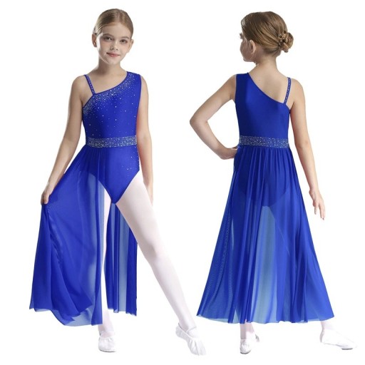 Vestido de baile largo para niña de un hombro con piedras y falda maxi de malla, material nylon, poliéster y elastano, para actuaciones
