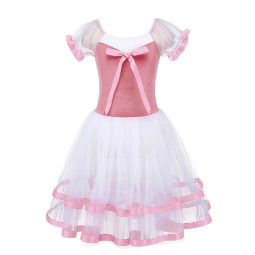 Vestido de baile para niña con mangas abullonadas, lazo y larga falda de tul, traje de ballet de princesa de poliéster y elastano para actuaciones