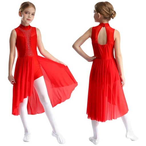 Vestido de baile para niñas con cuello alto, piedras en el corsé y falda larga de malla, material nylon, poliéster y elastano, para danza lírica