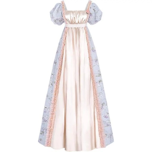 Vestido de baile vitoriano feminino com cintura alta e mangas bufantes com padrão floral para eventos de fantasia e sessões fotográficas em bege com azul claro