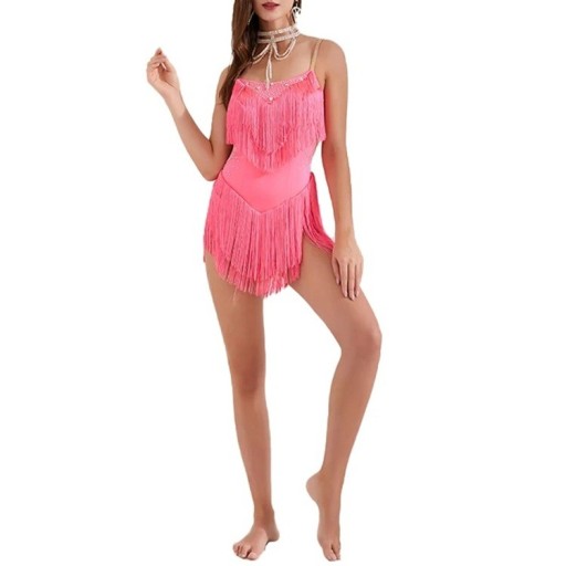 Vestido de dança latino-americana para senhora com franjas e pedras brilhantes, costas abertas e alças finas para competições e atuações de dança