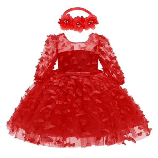 Vestido de festa para menina com mangas longas, borboletas 3D, saia de rede, laço nas costas e tiara para os mais pequenos, para celebrações de baptizados e fotografias