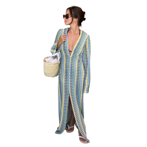Vestido de praia longo de croché com decote profundo Vestido maxi de verão multicolorido com fenda Cardigan leve sobre o fato de banho