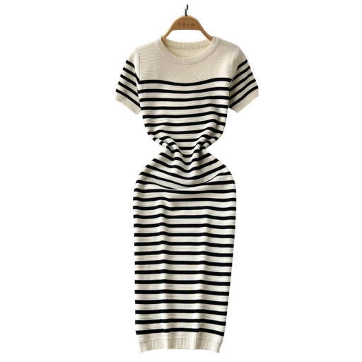 Vestido de punto acanalado con mangas cortas Elegante corte entallado Estampado de rayas Cómodo para usar a diario Vestido de moda para el trabajo