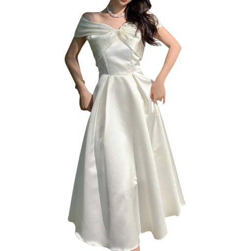 Vestido feminino com decote assimétrico e laço, com ombros à mostra e saia em A, adequado para casamentos e eventos sociais à noite, branco