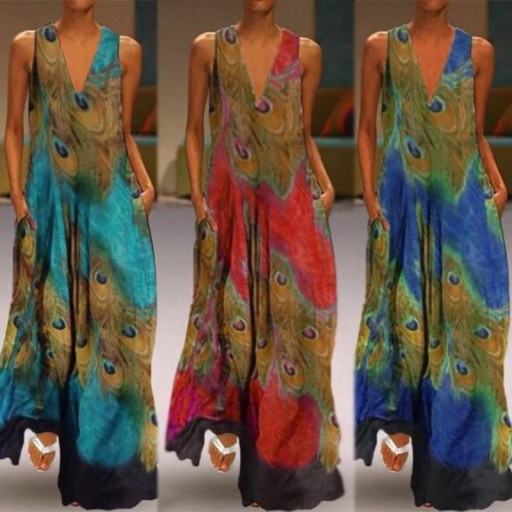 Vestido largo con estampado de pavo real