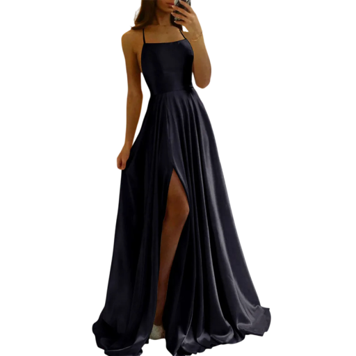 Vestido largo formal con abertura Acabado satinado suave Espalda con cordones Elegante vestido de noche para graduación, boda, gala