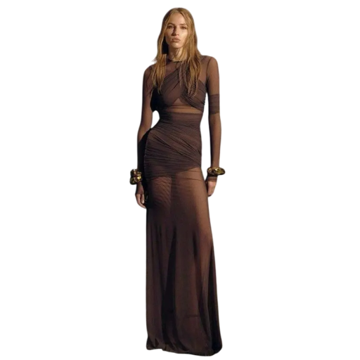 Vestido largo transparente con pliegues asimétricos Mangas transparentes y efecto capas Corte entallado Elegante vestido de noche para mujeres atrevidas
