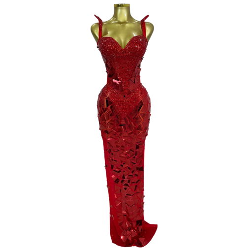 Vestido longo brilhante feminino com lantejoulas espelhadas e alças com corte justo para bailes e eventos sociais à noite vermelho