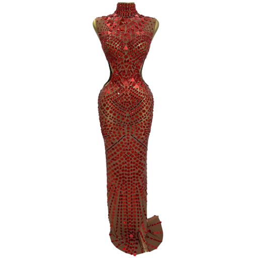 Vestido longo brilhante feminino com lantejoulas espelhadas sem mangas e gola alta até ao pescoço com corte justo para bailes e eventos noturnos
