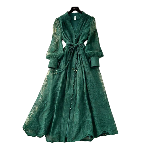 Vestido longo de renda para senhora com decote em V e mangas longas franzidas com botões e cinto para uso social e diário