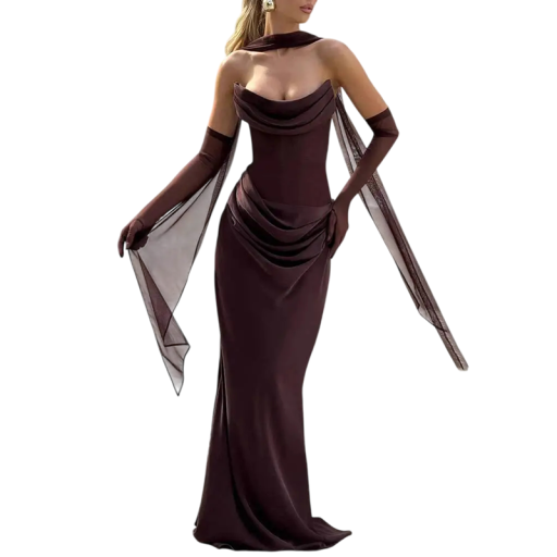 Vestido longo elegante para senhora com decote profundo e ombros à mostra, com luvas e echarpe para bailes e eventos sociais noturnos