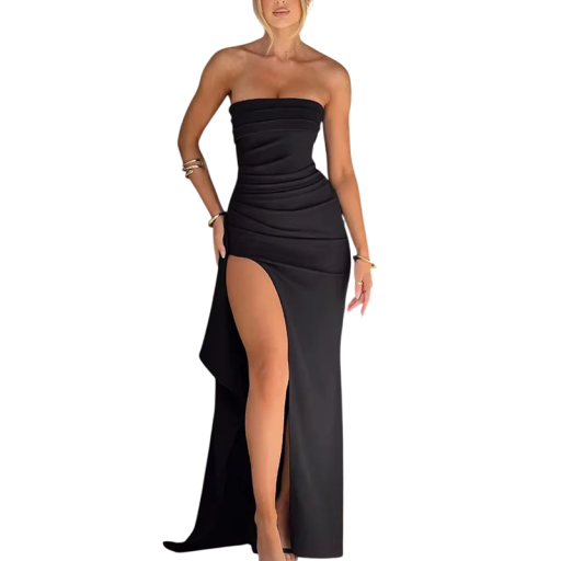 Vestido longo preto de festa sem alças Vestido de noite elegante com fenda Vestido justo de luxo para baile ou celebração