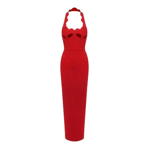 Vestido longo sem mangas feminino elegante com decote ondulado e recortes no peito com corte justo tipo tubinho