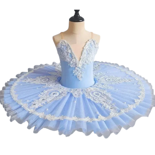 Vestidos de ballet para niñas azul claro con encaje blanco y perlas, disfraz de tutú pancake de varias capas de acetamida y gasa para ballet clásico