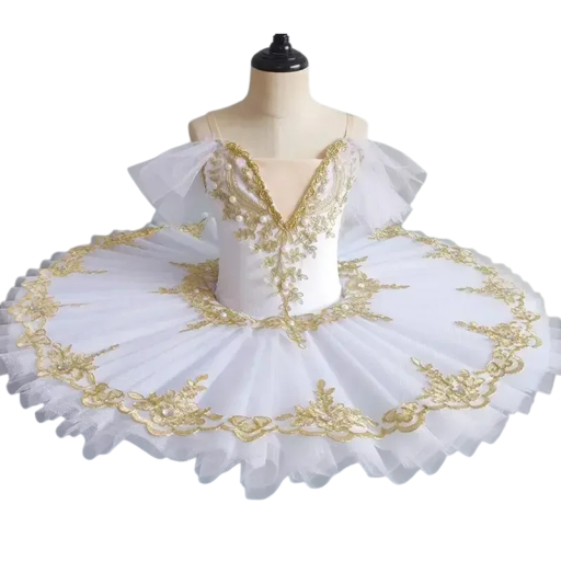 Vestidos de ballet tutu para niñas con perlas y encaje floral dorado, falda de tul de chiffon y acetamida, disfraz para actuaciones de danza