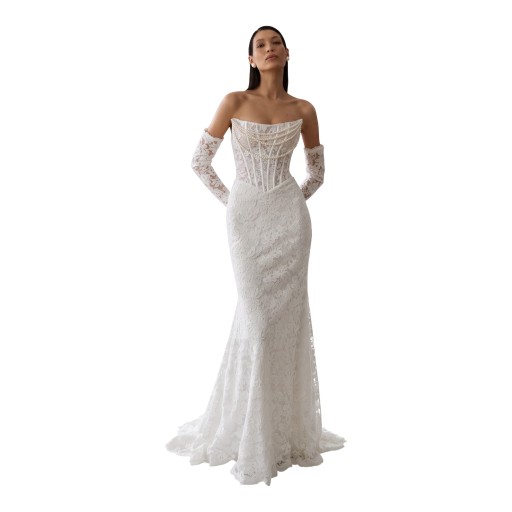 Vestidos de novia largos sin mangas en corte sirena con corsé y perlas en el escote blancos con pequeña cola