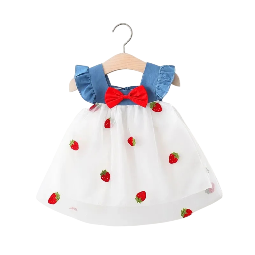 Vestidos de verano para niñas con motivo bordado de fresas y lazo con falda de tul y mangas cortas para los más pequeños en verano y celebraciones