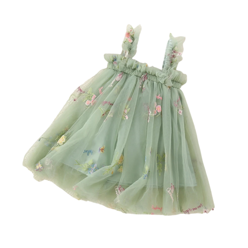 Vestidos de verano para niñas con tirantes, volantes, bordado floral y falda de tul para los más pequeños en verano, celebraciones y fotos, verdes