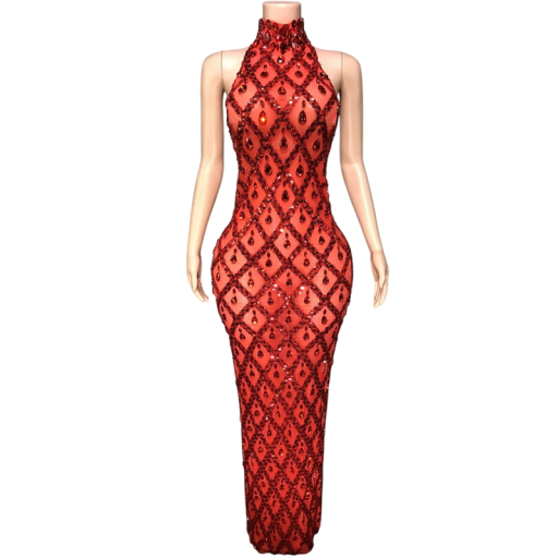 Vestidos longos de dança para senhora com lantejoulas e strass, maxi vestidos halter de poliéster e elastano para atuações no palco, festas e galas
