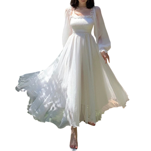 Vestidos maxi femininos com ombros à mostra e mangas bufantes com cintura elástica e comprimento até aos tornozelos para o verão e eventos sociais brancos