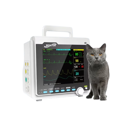 Veterinární monitor vitálních funkcí 8 palců EKG a NIBP i SPO2 a RESP i PR a TEMP přenosný s madlem bílý na kliniku a ordinaci