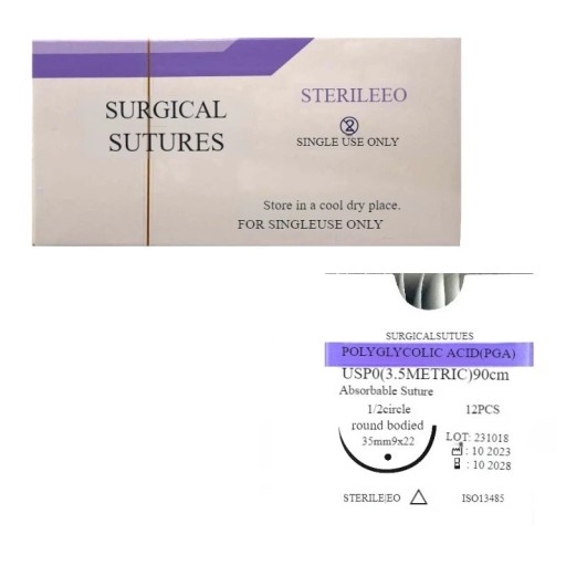 Veterinární vstřebatelné stehy PGA USP-0 90 cm 1/2 kruhová kulatá jehla 35 mm sterilní jednorázové chirurgické šicí vlákno