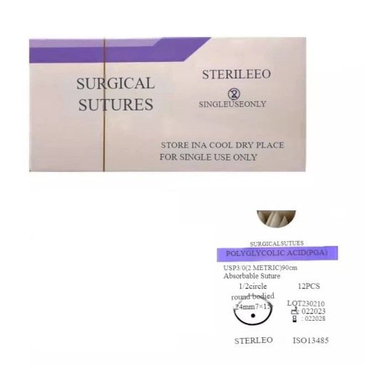 Veterinární vstřebatelné stehy PGA USP 3-0 90 cm 1/2 kruhová kulatá jehla 24 mm sterilní jednorázové chirurgické šití
