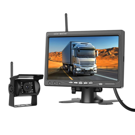 Vezeték nélküli tolató készlet 7" IPS monitorral, tolató kamerával, éjjellátóval, vízálló, műanyag és fém, 12V-36V, fekete teherautók és lakóautók számára