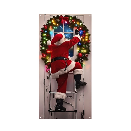 Vianočný zvislý banner 180 x 90 cm Polyesterový závesný Santa na rebríku Dekorácia na dvere Vonkajšia aj vnútorná vianočná ozdoba