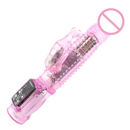 Vibratore trasparente doppio con stimolatore a testa di coniglio e 2 modalità di rotazione e 10 modalità di vibrazione per massaggio del punto G e vaginale 23x3,3 cm confezione discreta