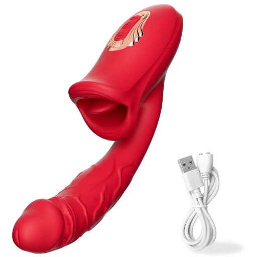 Vibromasseur multifonction rouge avec veinures prononcées, langue, succion et plus de 10 modes de vibration 24 cm chargement USB emballage discret