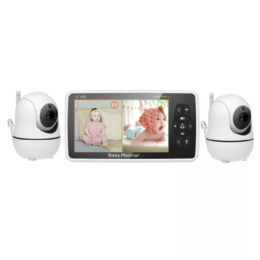 Video-Babyphone mit 2 Kameras 5&quot; 720p-Display Nachtsicht 22 Stunden Akkulaufzeit 300 m Reichweite Thermometer VOX Drehbare Kamera Schlaflieder Zwei-Wege-Audio