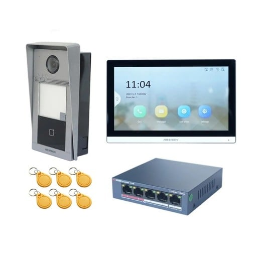 Videókapcsoló készlet 7" érintőképernyős monitorral és 2MP 124° kamerával, RFID olvasó, PoE és Wi-Fi, alumínium IP65, ezüst-fekete, családi házakhoz