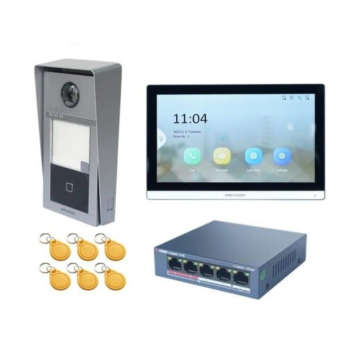 Videókapcsoló készlet 7" érintőképernyővel, 2MP kamerával, RFID olvasóval és PoE táplálással, alumínium, IP65, ezüst-fekete, családi házakhoz