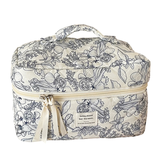 Vintage blommig kosmetikväska 25 x 16 x 15 cm Damernas bomulls make-up organisatör med dragkedja Bärbar quiltad reseväska för toalettartiklar