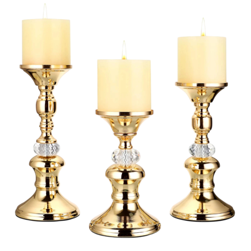 Vintage Gold Column Candle Holders Set of 3 Mixed Sizes 10.5 x 17/21/23.5 x 8.3 cm Metal and Crystal Decorative Candle Stands for Table