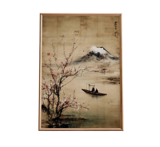 Vintage plakát na zeď japonská krajina s loďkou 50 × 70 cm tisk na plátno béžový s červenými a tmavými detaily dekorace bez rámu