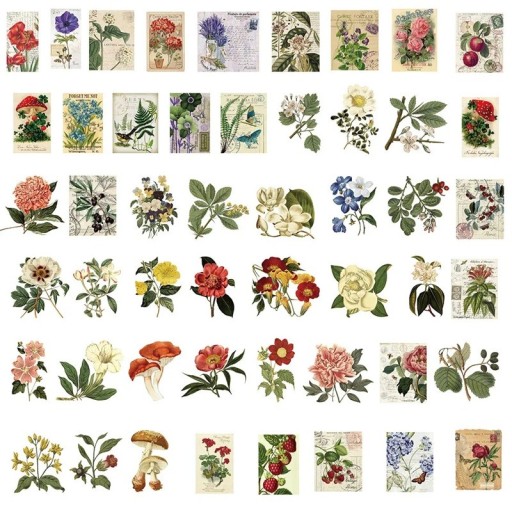 Vintage plantenstickers 5,2 x 4 cm 50 stuks meerkleurig voor scrapbook dagboek decoratie planner cadeauverpakking creatie