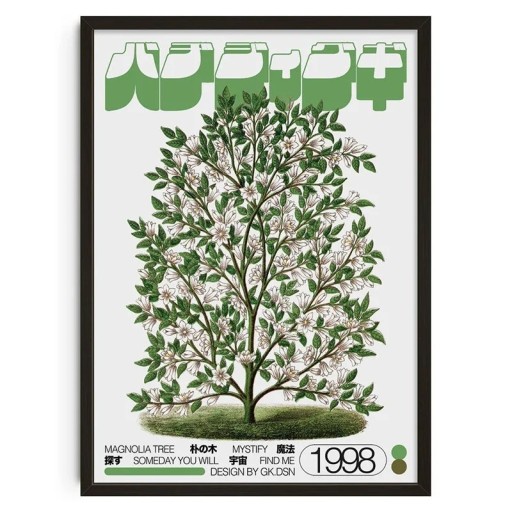 Vintage-Poster, 50 x 70 cm, Magnolienblüte, künstlerische botanische Baumillustration mit japanischem Text, Leinwanddruck, Wanddekoration