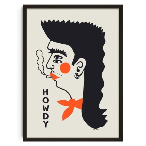 Vintage Poster 50x70 cm Abstrakte Illustration mit der Aufschrift Howdy Kunstdruck mit Retro-Gesichtsmotiv Raucherportrait ohne Rahmen
