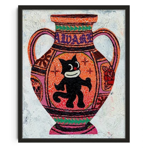 Vintage-Poster 50x70 cm Abstraktes Gemälde mit Vase und Cartoon-Katze Bunter Kunstdruck auf Leinwand Moderne Dekoration Ungerahmt