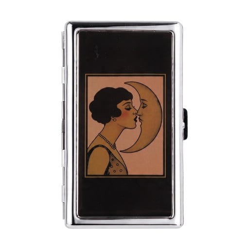 Vintage stijl kaartendoosje 10 x 6 x 2 cm Metaal Zilver met zwart deksel Retro motief van een vrouw en de maan Twee vakken Voor visitekaartjes