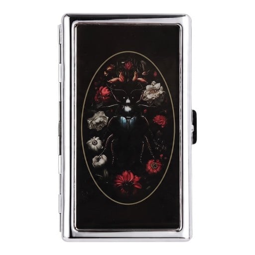 Vintage stijl Kaartenhouder 10 x 6 x 2 cm Metaal Zilver met zwarte deksel Motief van kever en bloemen Twee vakken Voor visitekaartjes en kaarten