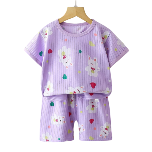 Violetti lasten unisex kesäsetti t-paita lyhyillä hihoilla ja napit joustohousut O-kaula-aukko pupuprintillä