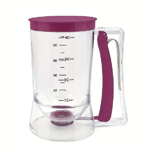 Violetti pannukakkutaikinan säilytysrasia 900 ml Muovinen suppilo taikinan helppoon kaatamiseen muotteihin Taikinan kaadonnostelija tarttumatonta muovia 18 x 11 cm