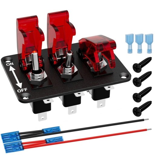 Vippekontaktpanel til bil 3 ON/OFF kontakter med rød LED og beskyttelseshætte 12V 20A metal med kabler til båd, campingvogn og offroad