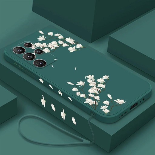Virágzó ágak motívumú szilikon huzat Samsung A14 5G-hez, sötétzöld