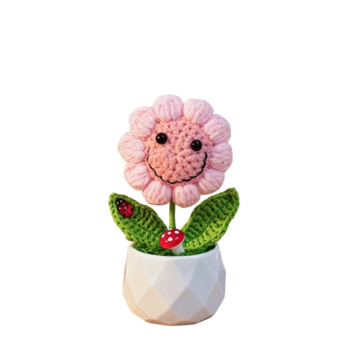 Virkat växt med leende blomma i kruka 15x6,5 cm mjölkig bomull rosa dekoration för hem och arbetsbord