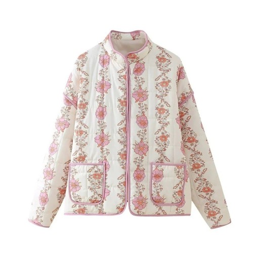 Vit damproppad jacka med rosa blommönster Vår lätt jacka med fickor Stilig jacka med kant och långa ärmar